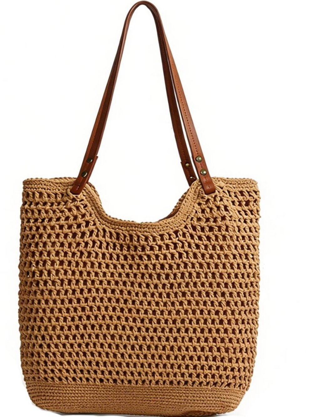 Multi-functional Straw Hobo Bag,Handwoven Summer Tote with Leather Handles for